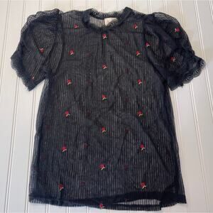 New & Next Mesh Black Top Ruffle Sleeves Embroidered Flowers Size Women's Medium